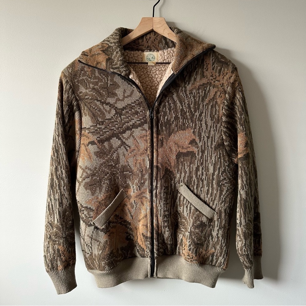Whitewater Vintage Real Tree Camouflage Wool Sherpa Zip Up Sweater Sz L Hunting